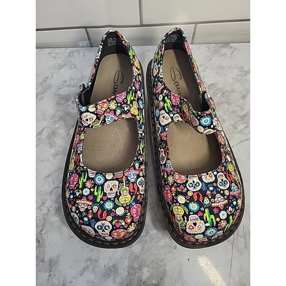 Savvy 9.5M Multicolor Skull Cactus Floral Pattern Work Mary Jane Nursing Shoes - Picture 2 of 7
